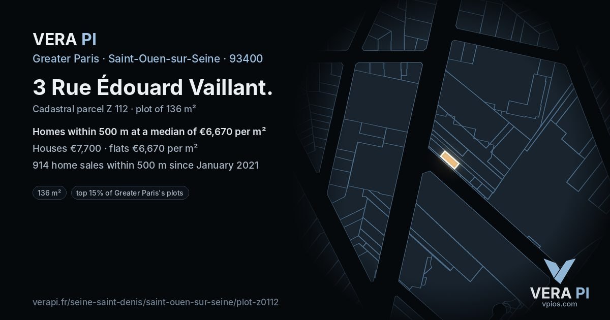 3 Rue Édouard Vaillant, Saint-Ouen-sur-Seine at night – the plot lit, the parcels around coloured by the prices near them
