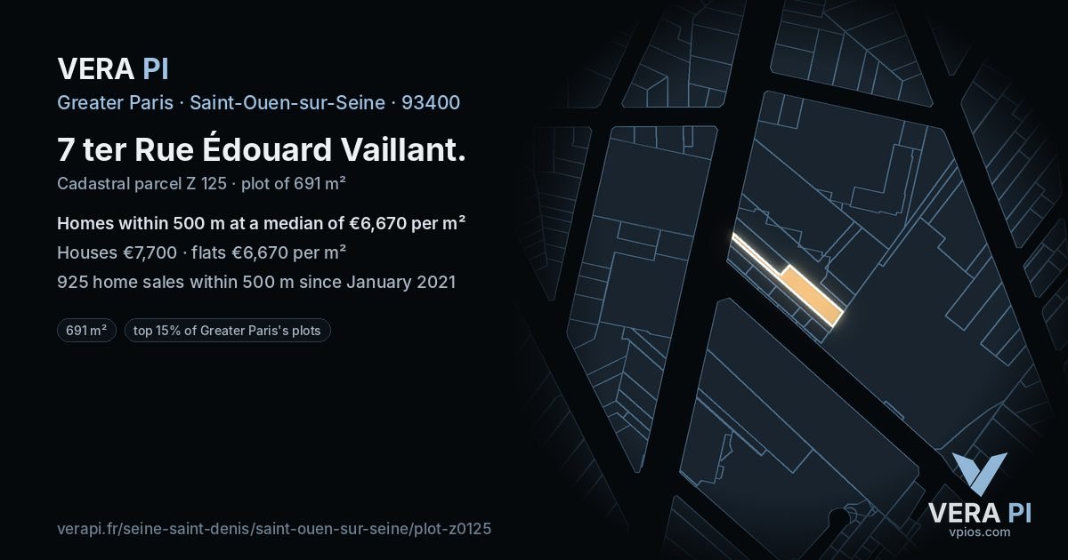7 ter Rue Édouard Vaillant, Saint-Ouen-sur-Seine at night – the plot lit, the parcels around coloured by the prices near them