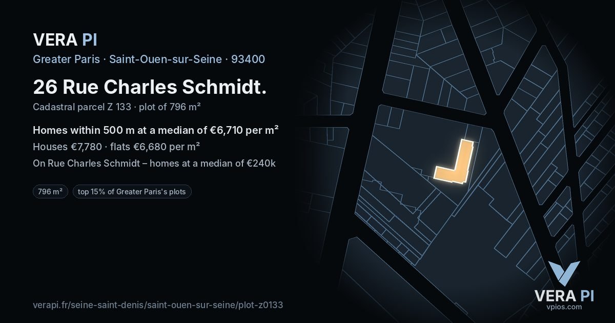 26 Rue Charles Schmidt, Saint-Ouen-sur-Seine at night – the plot lit, the parcels around coloured by the prices near them