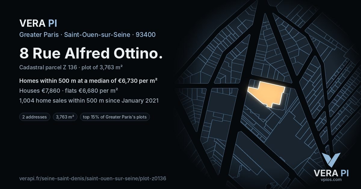 8 Rue Alfred Ottino, Saint-Ouen-sur-Seine at night – the plot lit, the parcels around coloured by the prices near them