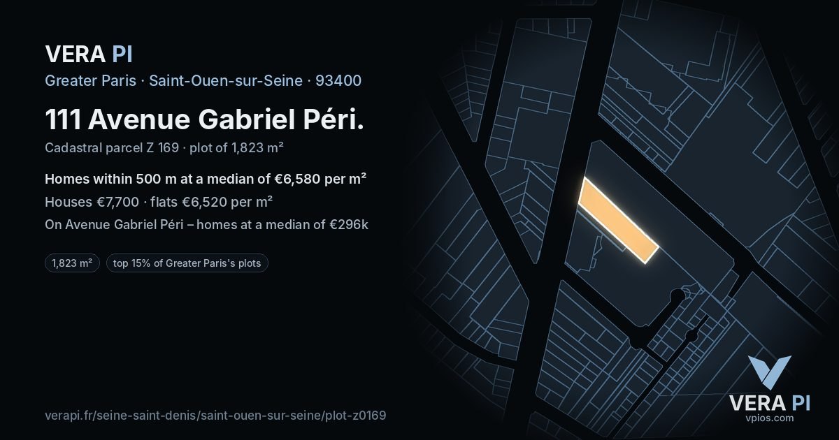 111 Avenue Gabriel Péri, Saint-Ouen-sur-Seine at night – the plot lit, the parcels around coloured by the prices near them