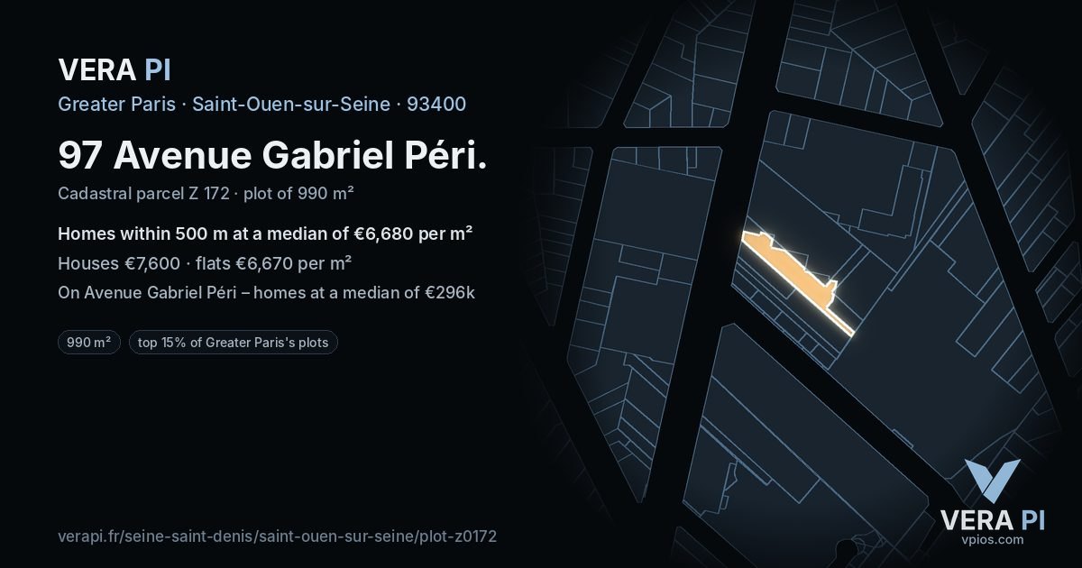 97 Avenue Gabriel Péri, Saint-Ouen-sur-Seine at night – the plot lit, the parcels around coloured by the prices near them