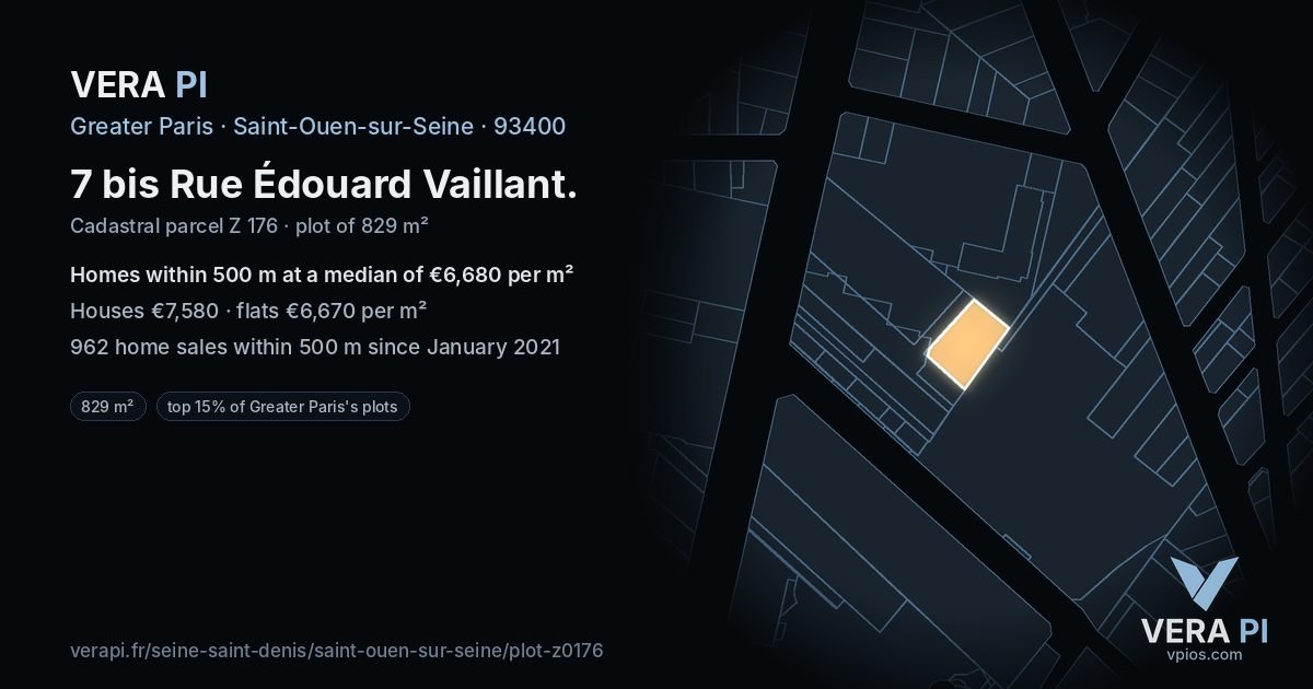 7 bis Rue Édouard Vaillant, Saint-Ouen-sur-Seine at night – the plot lit, the parcels around coloured by the prices near them