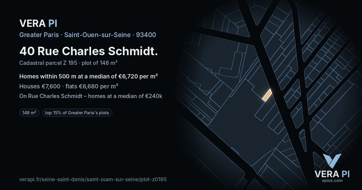 40 Rue Charles Schmidt, Saint-Ouen-sur-Seine at night – the plot lit, the parcels around coloured by the prices near them