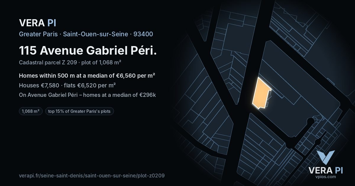 115 Avenue Gabriel Péri, Saint-Ouen-sur-Seine at night – the plot lit, the parcels around coloured by the prices near them