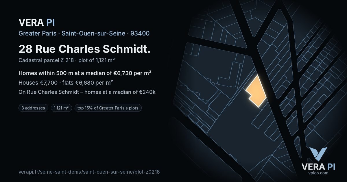 28 Rue Charles Schmidt, Saint-Ouen-sur-Seine at night – the plot lit, the parcels around coloured by the prices near them