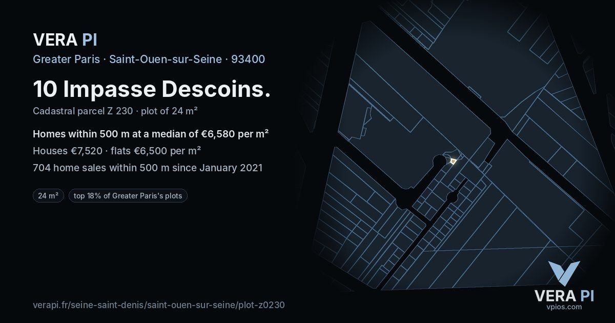 10 Impasse Descoins, Saint-Ouen-sur-Seine at night – the plot lit, the parcels around coloured by the prices near them
