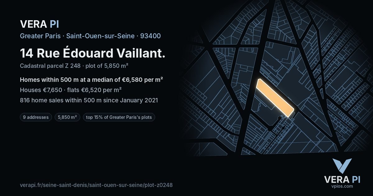 14 Rue Édouard Vaillant, Saint-Ouen-sur-Seine at night – the plot lit, the parcels around coloured by the prices near them