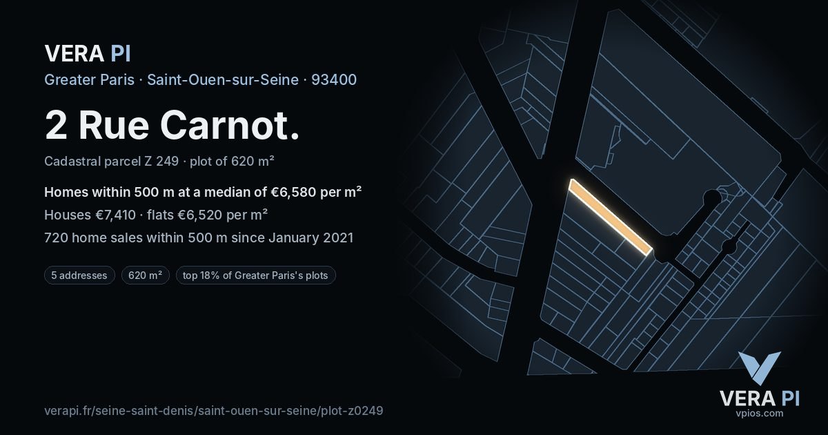 2 Rue Carnot, Saint-Ouen-sur-Seine at night – the plot lit, the parcels around coloured by the prices near them