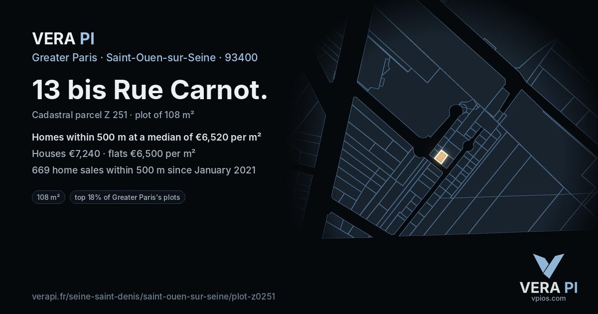 13 bis Rue Carnot, Saint-Ouen-sur-Seine at night – the plot lit, the parcels around coloured by the prices near them