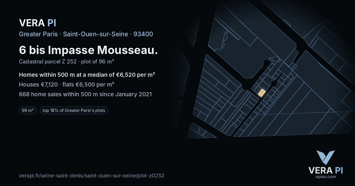 6 bis Impasse Mousseau, Saint-Ouen-sur-Seine at night – the plot lit, the parcels around coloured by the prices near them