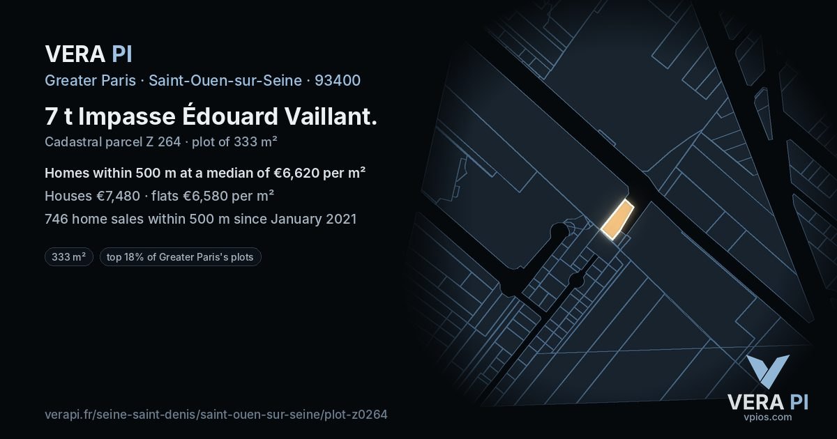 7 t Impasse Édouard Vaillant, Saint-Ouen-sur-Seine at night – the plot lit, the parcels around coloured by the prices near them