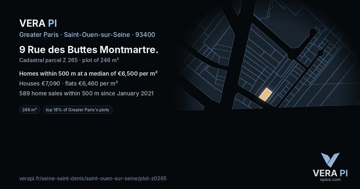 9 Rue des Buttes Montmartre, Saint-Ouen-sur-Seine at night – the plot lit, the parcels around coloured by the prices near them