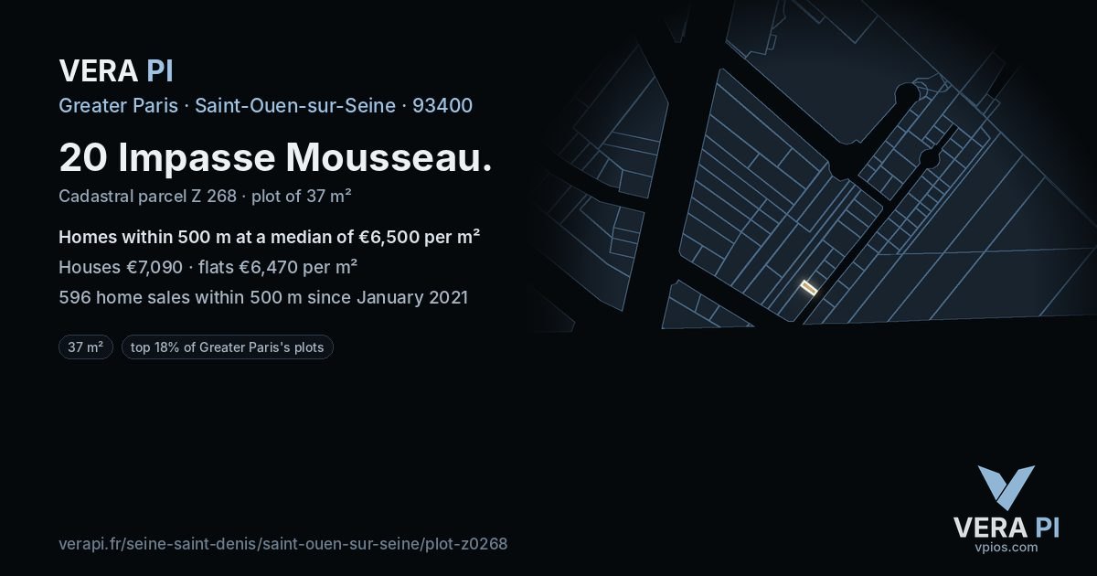 20 Impasse Mousseau, Saint-Ouen-sur-Seine at night – the plot lit, the parcels around coloured by the prices near them