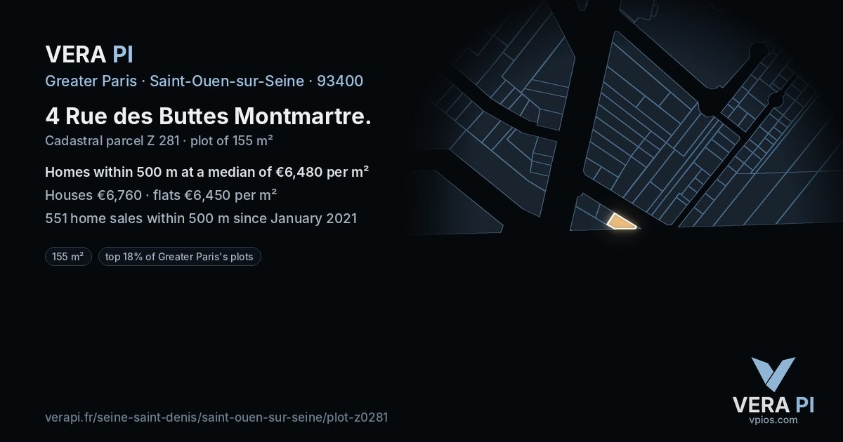 4 Rue des Buttes Montmartre, Saint-Ouen-sur-Seine at night – the plot lit, the parcels around coloured by the prices near them