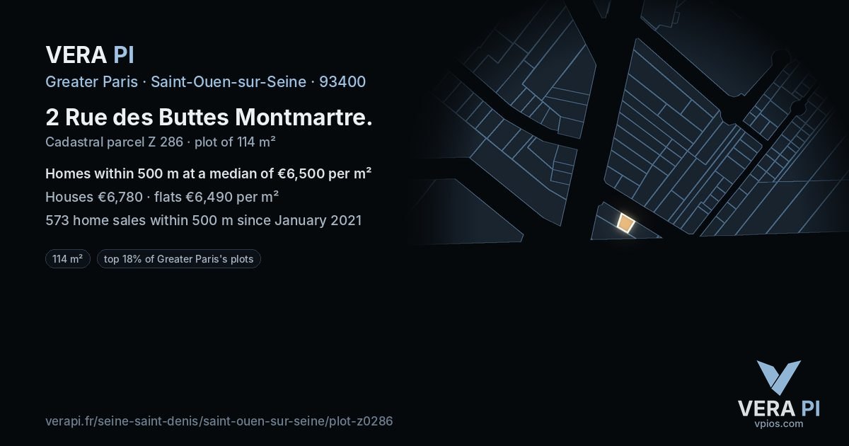 2 Rue des Buttes Montmartre, Saint-Ouen-sur-Seine at night – the plot lit, the parcels around coloured by the prices near them