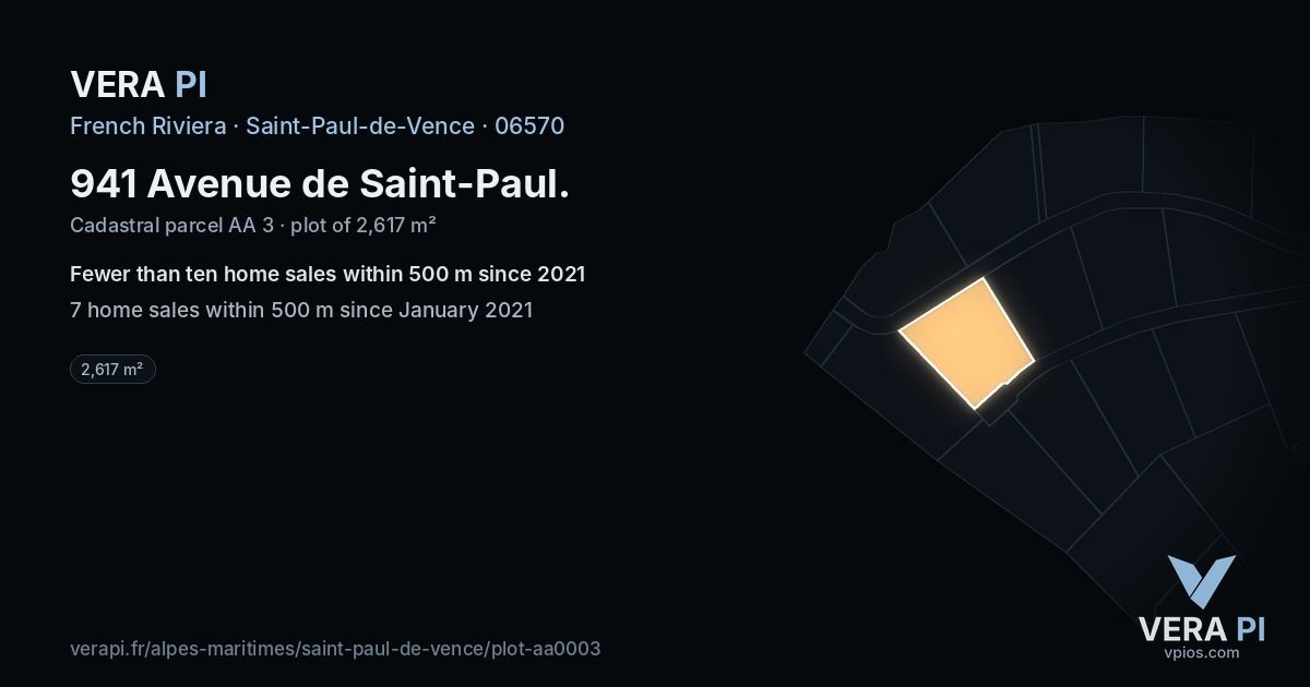941 Avenue de Saint-Paul, Saint-Paul-de-Vence at night – the plot lit, the parcels around coloured by the prices near them