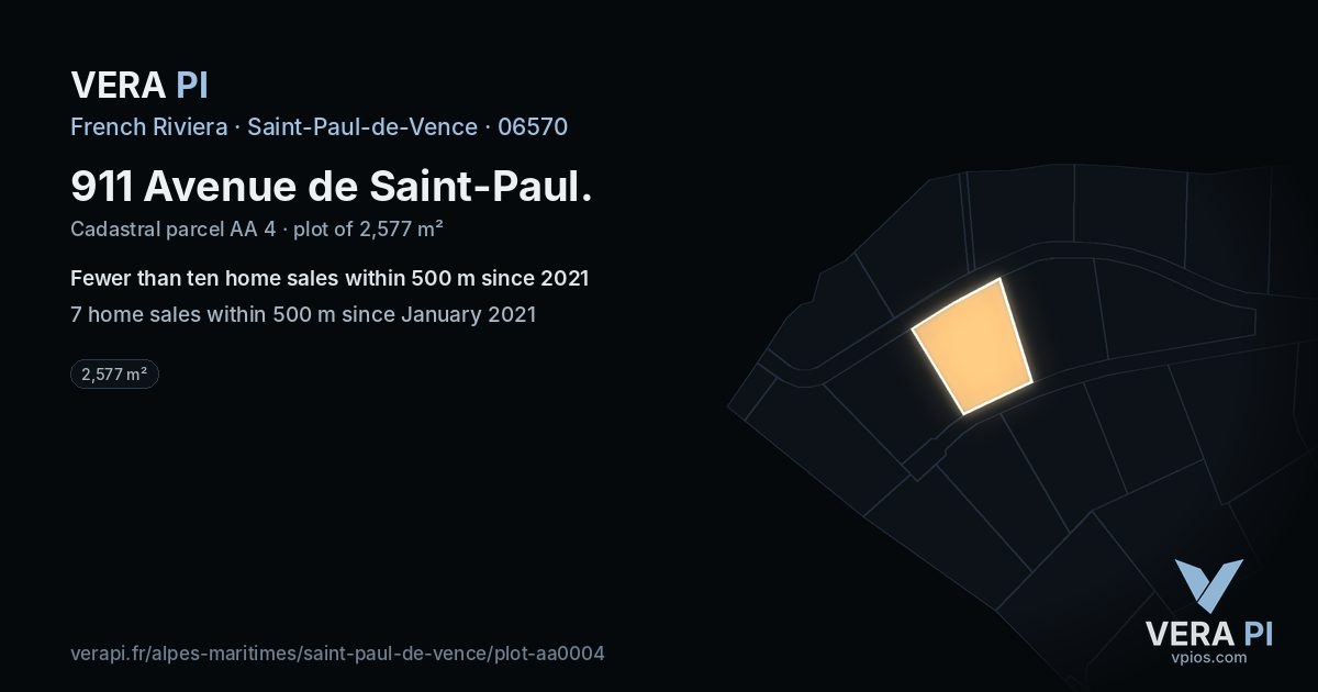 911 Avenue de Saint-Paul, Saint-Paul-de-Vence at night – the plot lit, the parcels around coloured by the prices near them