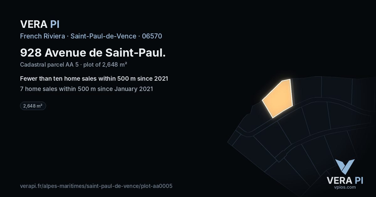 928 Avenue de Saint-Paul, Saint-Paul-de-Vence at night – the plot lit, the parcels around coloured by the prices near them