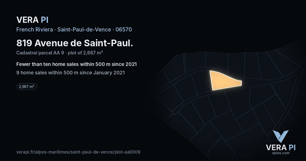 819 Avenue de Saint-Paul, Saint-Paul-de-Vence at night – the plot lit, the parcels around coloured by the prices near them