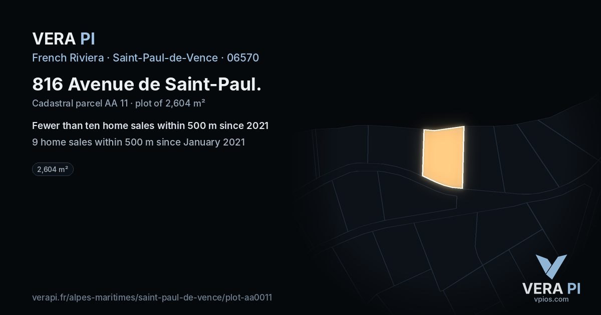 816 Avenue de Saint-Paul, Saint-Paul-de-Vence at night – the plot lit, the parcels around coloured by the prices near them