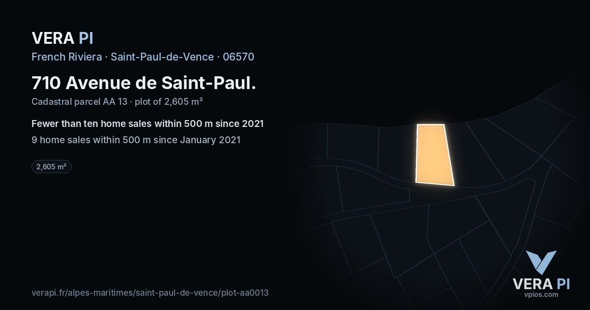 710 Avenue de Saint-Paul, Saint-Paul-de-Vence at night – the plot lit, the parcels around coloured by the prices near them