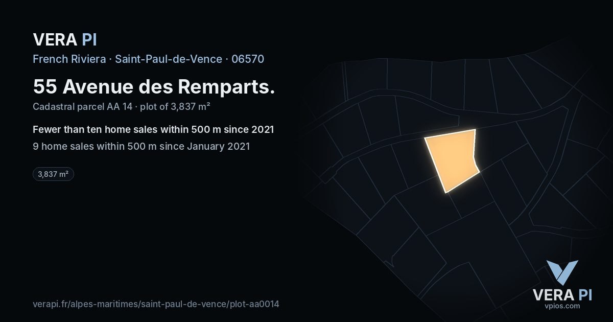 55 Avenue des Remparts, Saint-Paul-de-Vence at night – the plot lit, the parcels around coloured by the prices near them