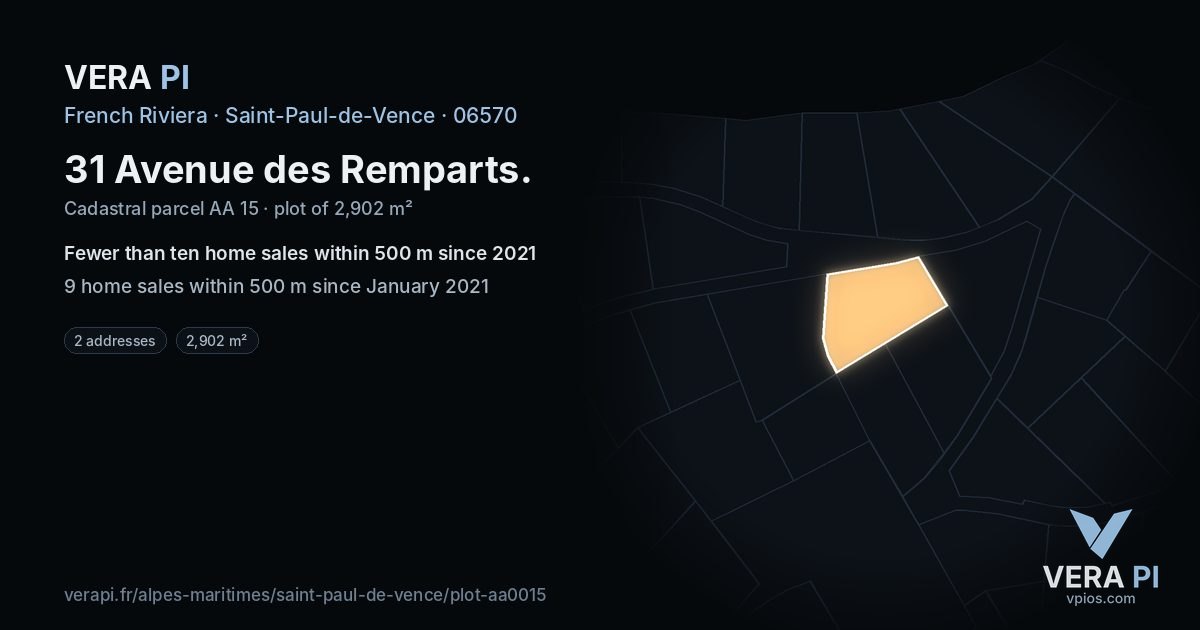 31 Avenue des Remparts, Saint-Paul-de-Vence at night – the plot lit, the parcels around coloured by the prices near them