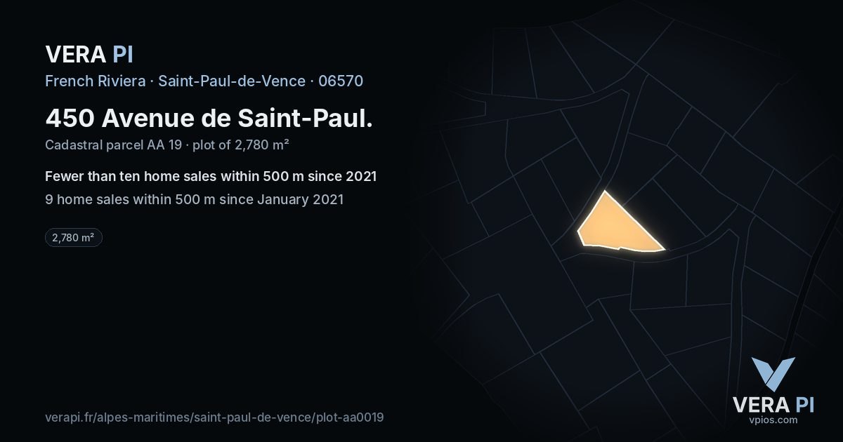 450 Avenue de Saint-Paul, Saint-Paul-de-Vence at night – the plot lit, the parcels around coloured by the prices near them