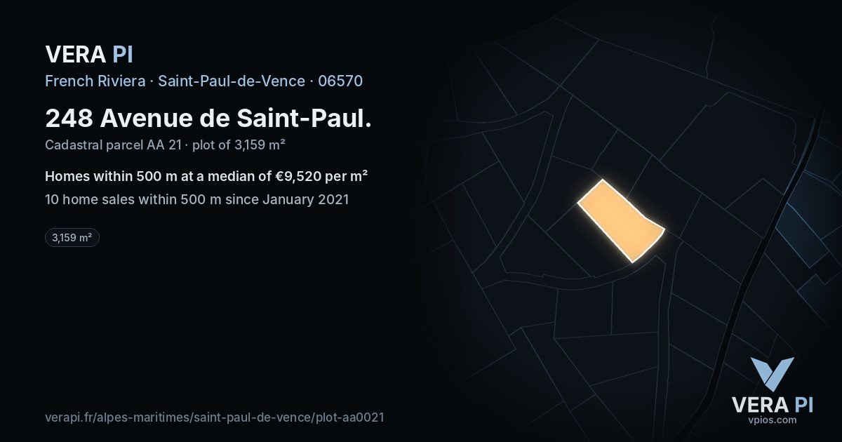 248 Avenue de Saint-Paul, Saint-Paul-de-Vence at night – the plot lit, the parcels around coloured by the prices near them