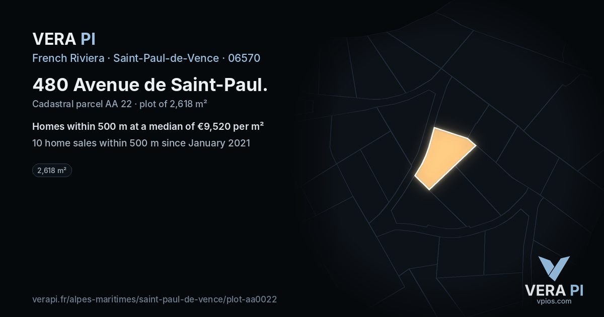 480 Avenue de Saint-Paul, Saint-Paul-de-Vence at night – the plot lit, the parcels around coloured by the prices near them