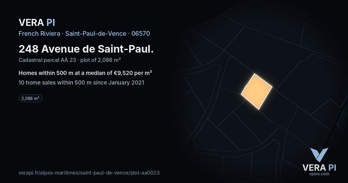 248 Avenue de Saint-Paul, Saint-Paul-de-Vence at night – the plot lit, the parcels around coloured by the prices near them