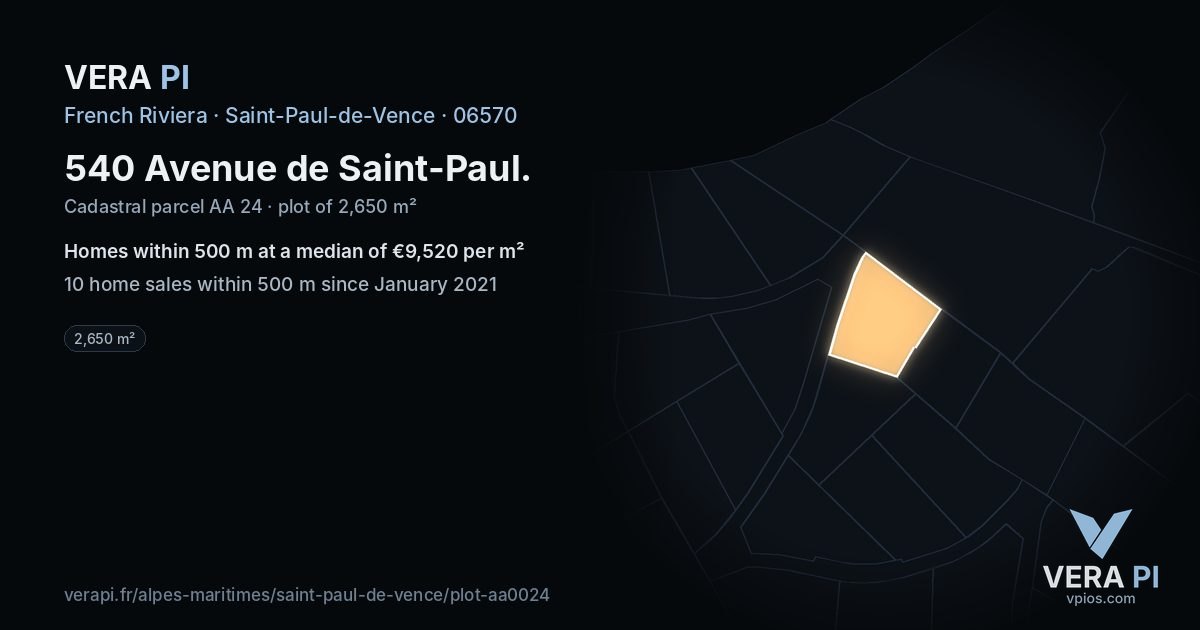 540 Avenue de Saint-Paul, Saint-Paul-de-Vence at night – the plot lit, the parcels around coloured by the prices near them