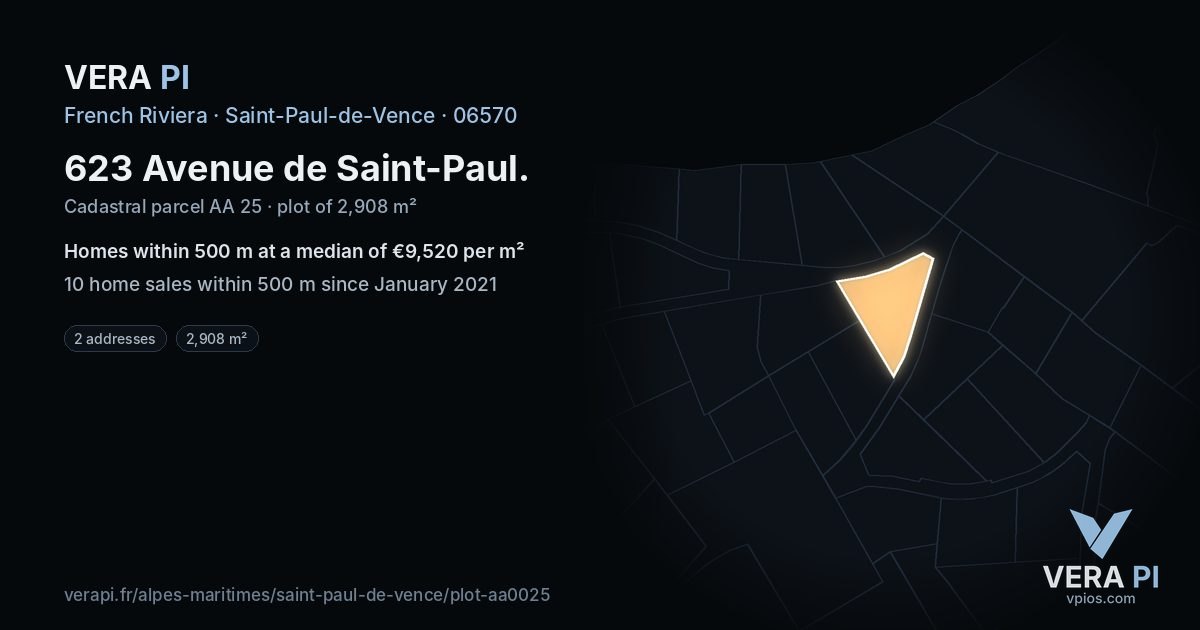 623 Avenue de Saint-Paul, Saint-Paul-de-Vence at night – the plot lit, the parcels around coloured by the prices near them
