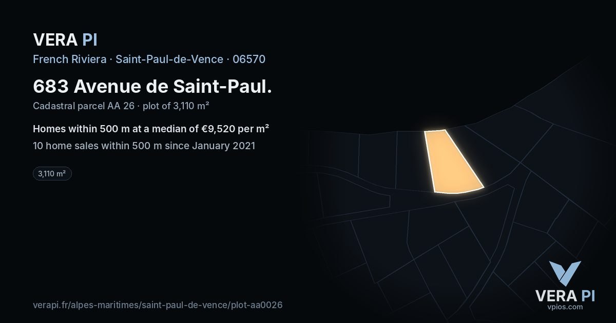 683 Avenue de Saint-Paul, Saint-Paul-de-Vence at night – the plot lit, the parcels around coloured by the prices near them