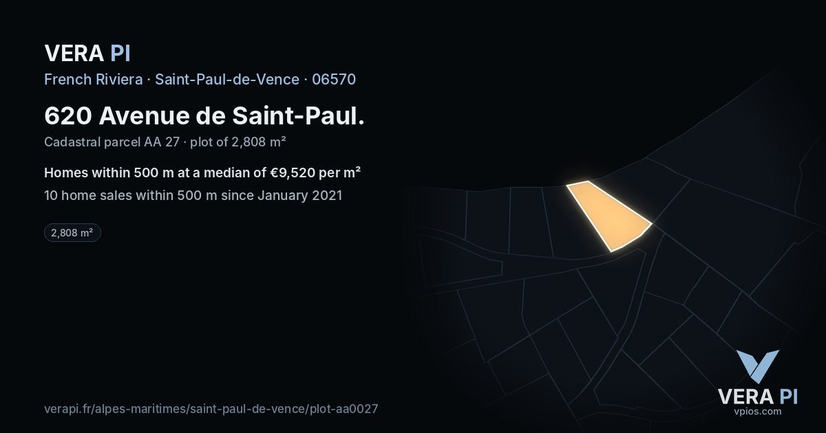 620 Avenue de Saint-Paul, Saint-Paul-de-Vence at night – the plot lit, the parcels around coloured by the prices near them
