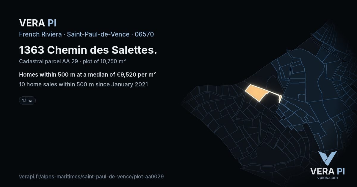 1363 Chemin des Salettes, Saint-Paul-de-Vence at night – the plot lit, the parcels around coloured by the prices near them