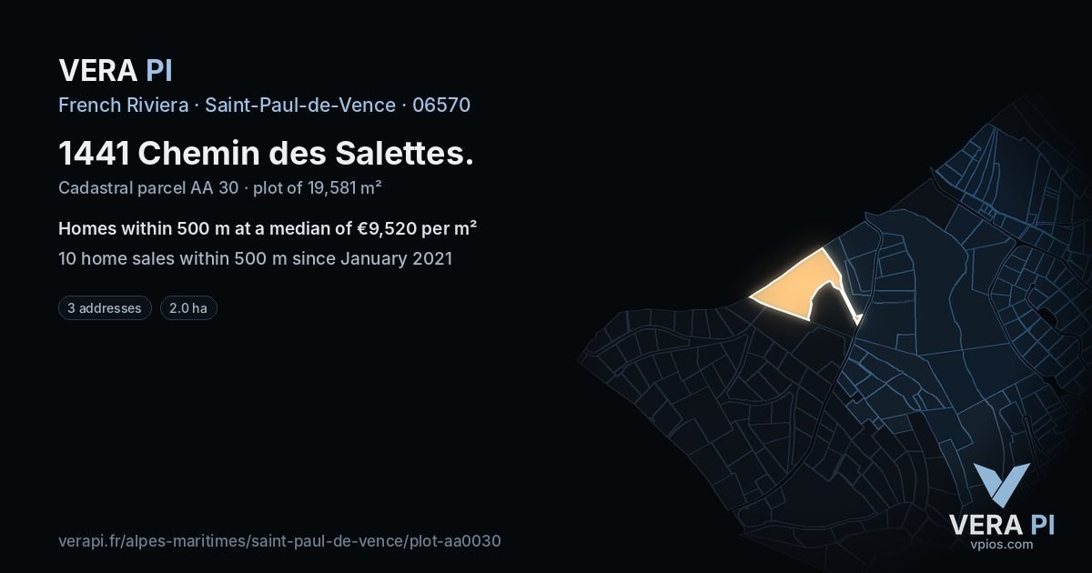 1441 Chemin des Salettes, Saint-Paul-de-Vence at night – the plot lit, the parcels around coloured by the prices near them