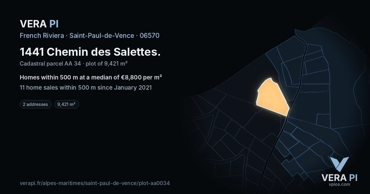 1441 Chemin des Salettes, Saint-Paul-de-Vence at night – the plot lit, the parcels around coloured by the prices near them