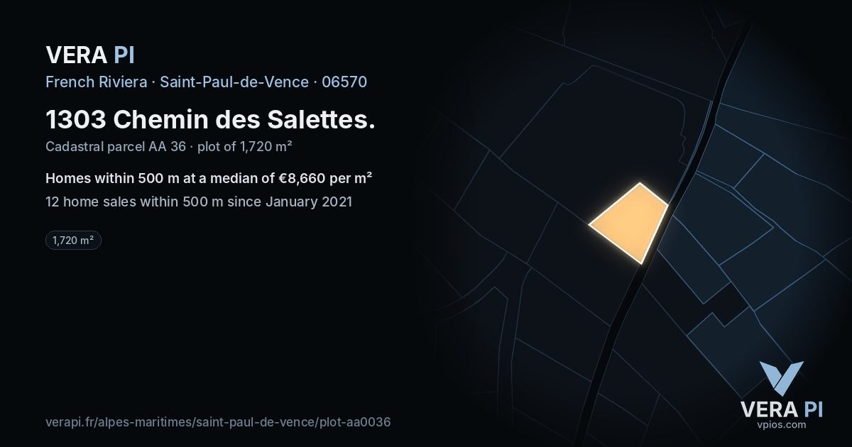 1303 Chemin des Salettes, Saint-Paul-de-Vence at night – the plot lit, the parcels around coloured by the prices near them