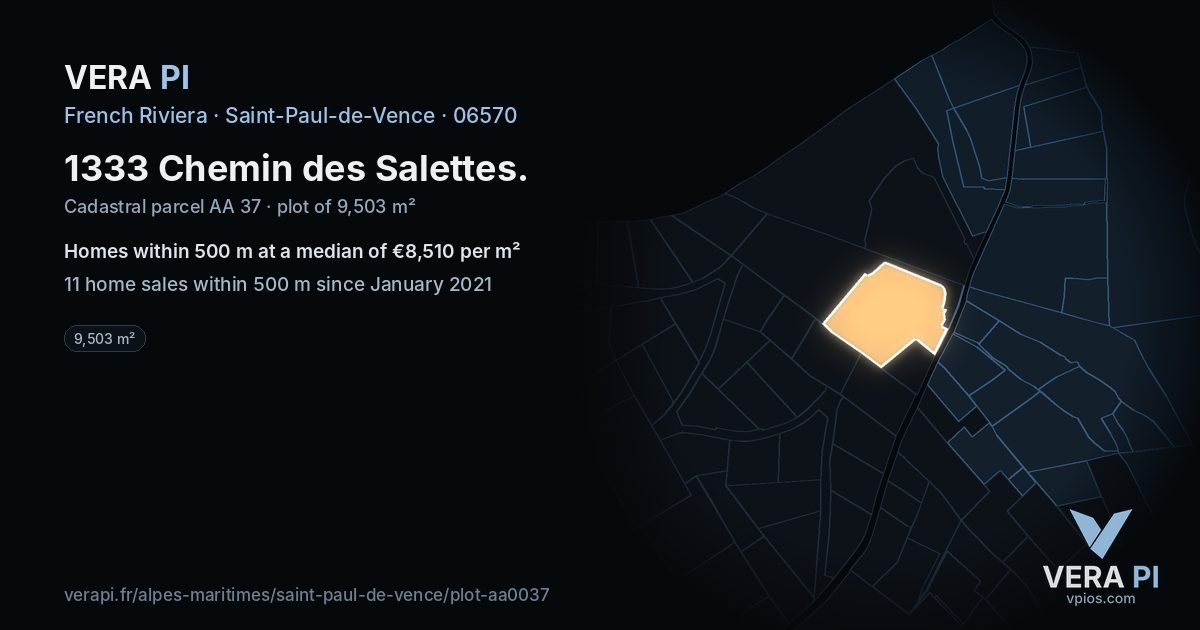 1333 Chemin des Salettes, Saint-Paul-de-Vence at night – the plot lit, the parcels around coloured by the prices near them