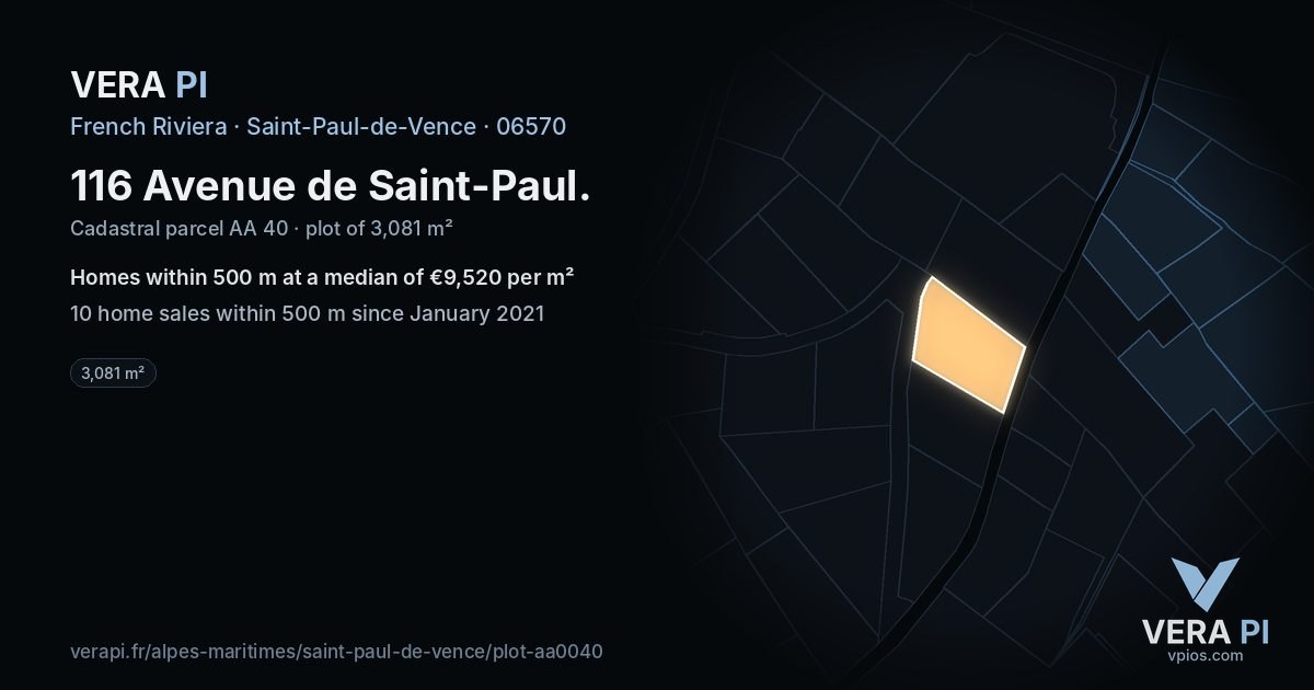 116 Avenue de Saint-Paul, Saint-Paul-de-Vence at night – the plot lit, the parcels around coloured by the prices near them