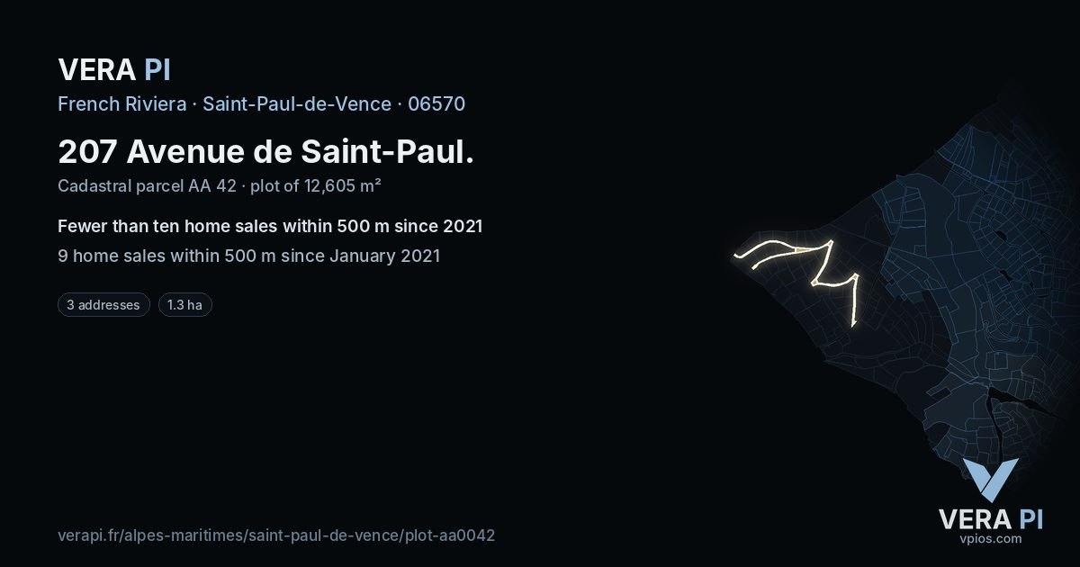 207 Avenue de Saint-Paul, Saint-Paul-de-Vence at night – the plot lit, the parcels around coloured by the prices near them
