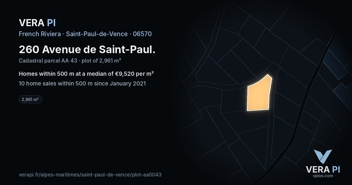 260 Avenue de Saint-Paul, Saint-Paul-de-Vence at night – the plot lit, the parcels around coloured by the prices near them