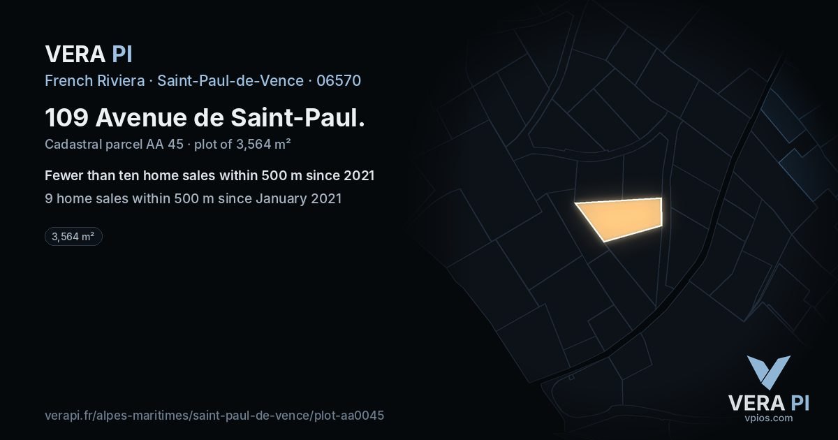 109 Avenue de Saint-Paul, Saint-Paul-de-Vence at night – the plot lit, the parcels around coloured by the prices near them