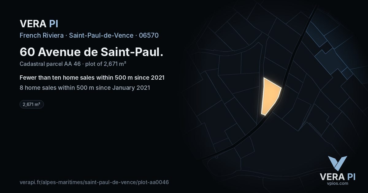 60 Avenue de Saint-Paul, Saint-Paul-de-Vence at night – the plot lit, the parcels around coloured by the prices near them