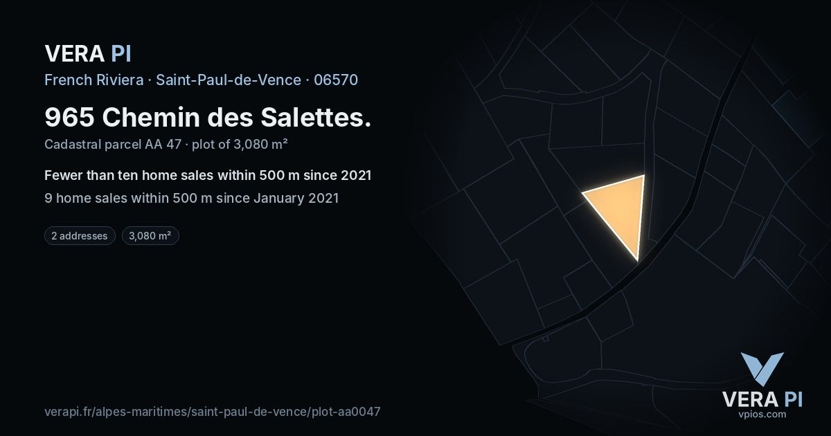 965 Chemin des Salettes, Saint-Paul-de-Vence at night – the plot lit, the parcels around coloured by the prices near them