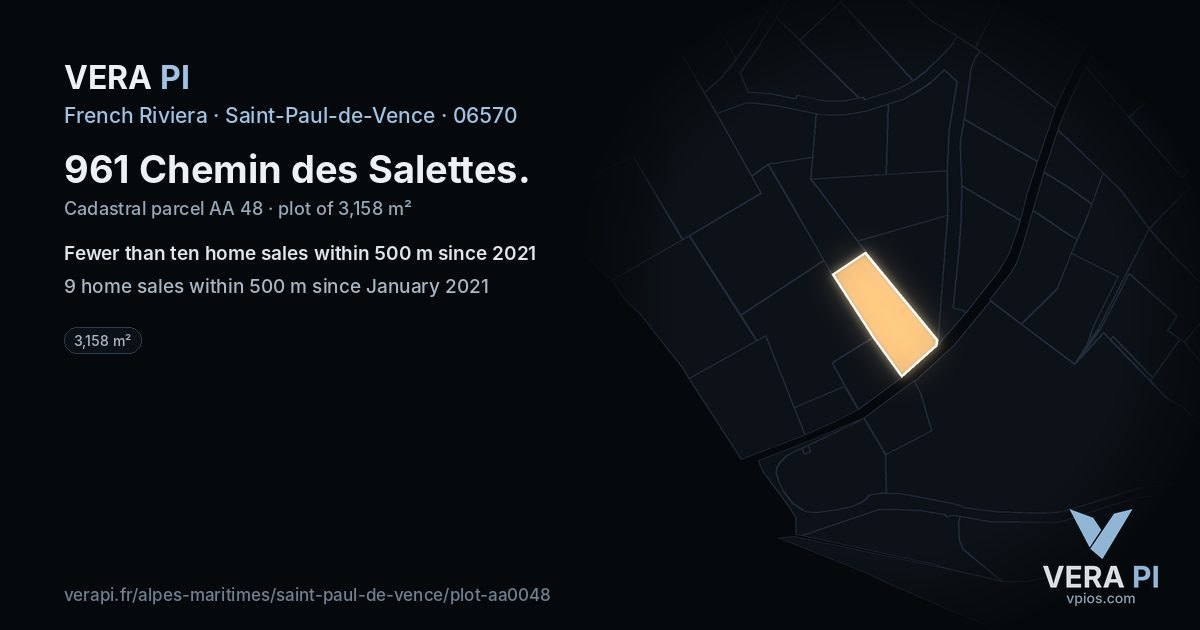 961 Chemin des Salettes, Saint-Paul-de-Vence at night – the plot lit, the parcels around coloured by the prices near them