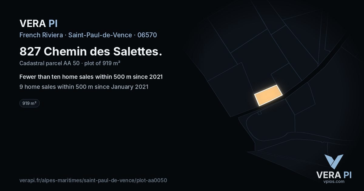 827 Chemin des Salettes, Saint-Paul-de-Vence at night – the plot lit, the parcels around coloured by the prices near them