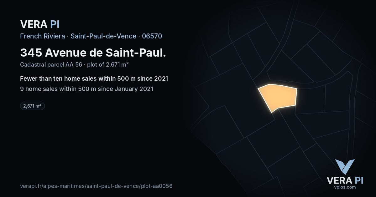345 Avenue de Saint-Paul, Saint-Paul-de-Vence at night – the plot lit, the parcels around coloured by the prices near them